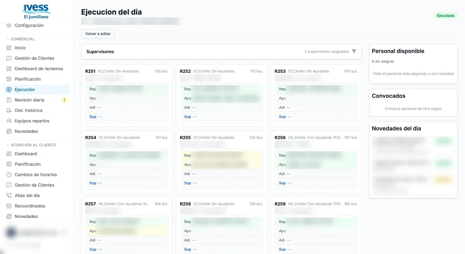 Sistema de El Jumillano: planificación de repartos con choferes, ayudantes y personal disponible. Datos personales difuminados.
